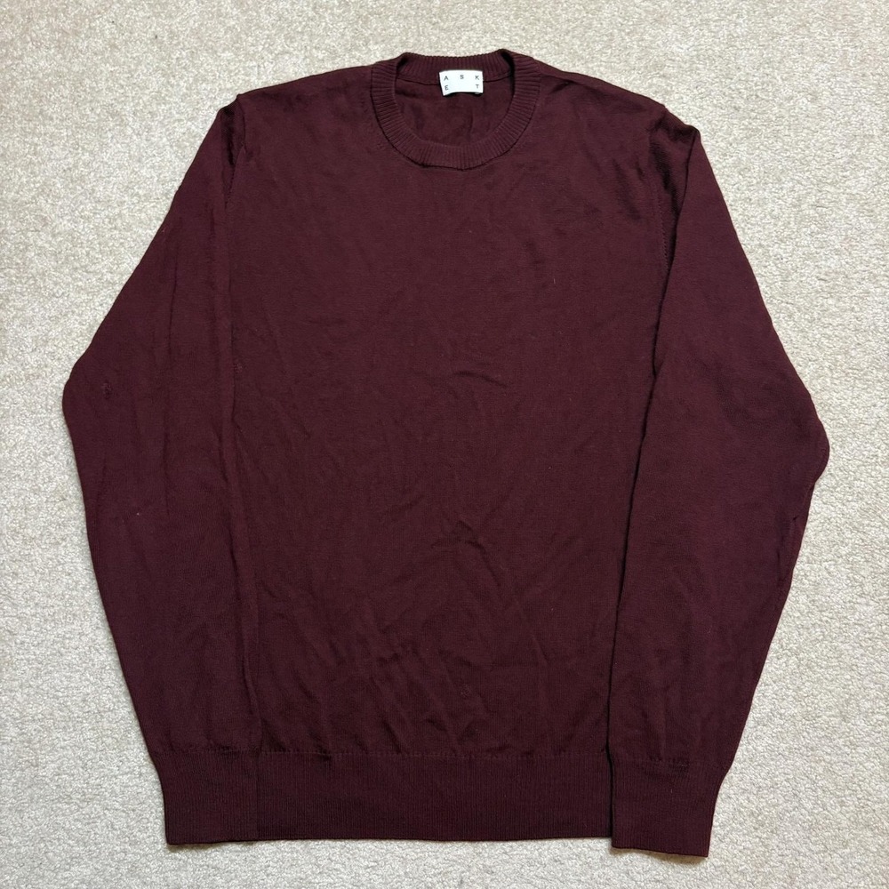 ASKET Sweater Mens Small Burgundy Red Merino Wool Crewneck Knit Italy Pullover
